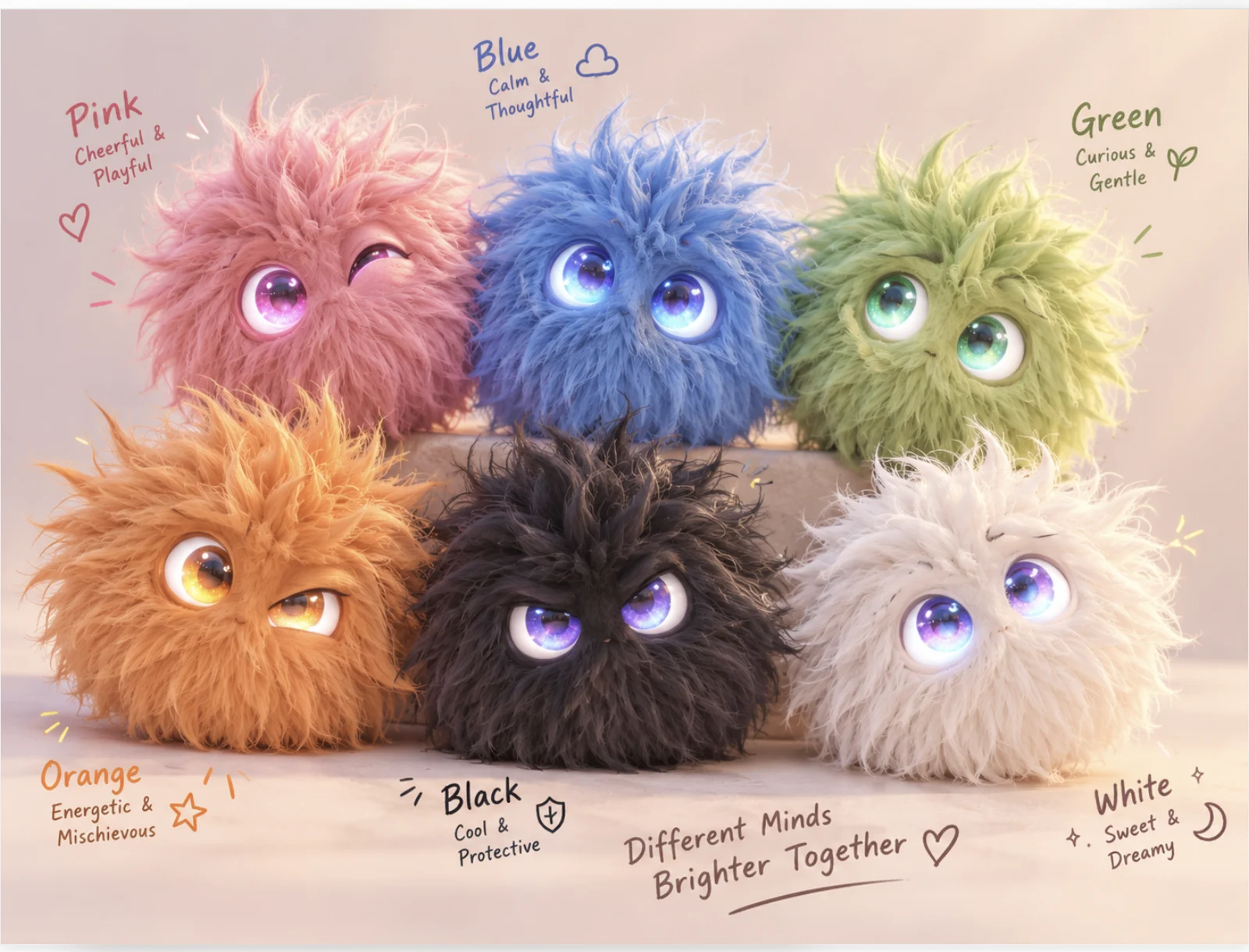 Six furry companion concepts: pink, blue, green, orange, black and white